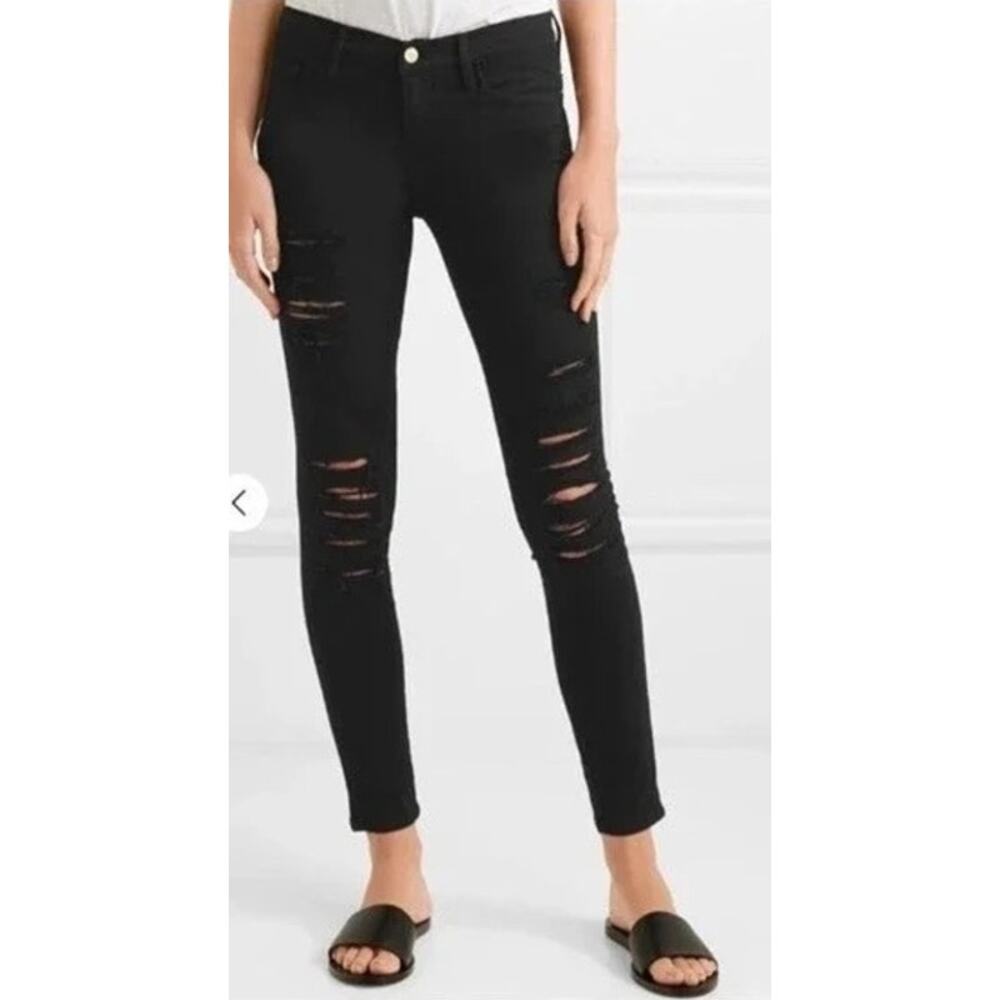 FRAME Womens Le Skinny de Jeanne Distressed Jeans Size 24 Black Edgy Grunge Punk